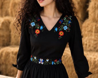 Hand Embroidered Linen Midi Dress, Floral Cottagecore Boho Style, Artisan Made Vacation Wear