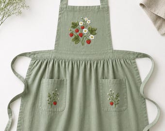 Embroidered Linen Apron, Strawberry Floral Cottagecore Kitchen Baking