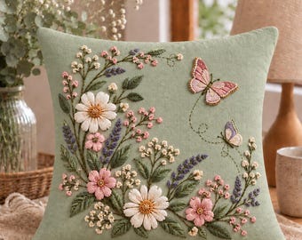 Hand Embroidered Linen Pillow Cover, Wildflower Botanical Cushion, Cottagecore Home Decor