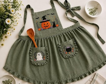 Embroidered Halloween Linen Apron, Pumpkin Witch Cat Kitchen Accessory (Handmade)