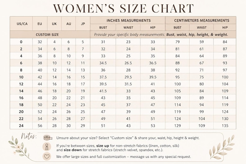 May include: A size chart table titled WOMEN'S SIZE CHART with columns for US/CA, EU, UK, AU, and JP sizes, plus bust, waist, and hip measurements in inches and centimeters. Includes a custom size option and notes on measuring and sizing for fabrics.