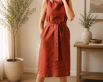 100% Pure Linen Midi Dress, Sleeveless Belted Boho Summer Vacation Outfit