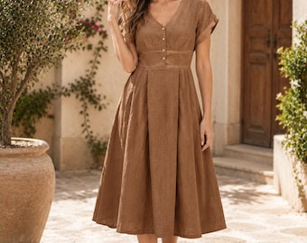 Handmade Linen Midi Dress, V-Neck Button A-Line, Summer Wedding Guest (Custom Size)