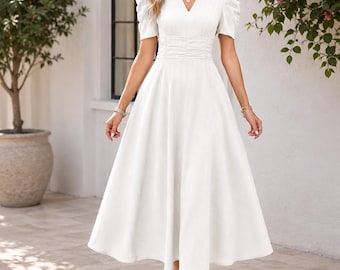 Linen Midi Dress, Puff Sleeve V-Neck, Ruched Waist, A-Line Summer Wedding Guest
