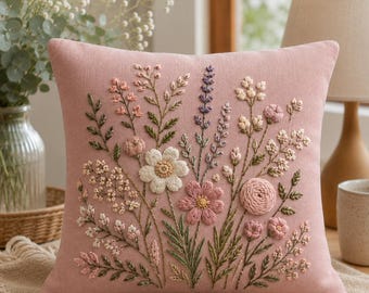 Hand Embroidered Floral Linen Pillow Cover, Cottagecore Botanical Cushion (16x16 Inch)
