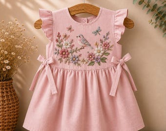 Hand Embroidered Bird & Floral Linen Dress, Cottagecore Toddler Outfit