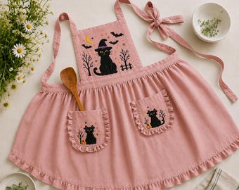 Embroidered Linen Halloween Apron, Black Cat Witch Design, Baking Kitchen Accessory