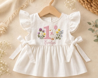 Personalized Goose First Birthday Linen Dress, Embroidered Floral Toddler Outfit