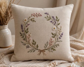 Hand Embroidered Floral Pillow Cover, Botanical Wildflower Cushion, Cottagecore Farmhouse Decor