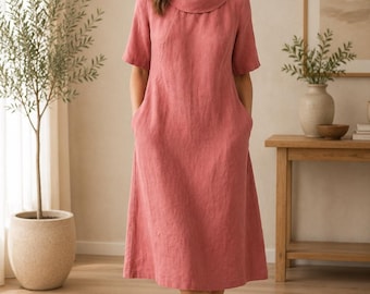 100% Linen Midi Dress, White Shift Dress with Pockets, Minimalist Summer Clothing