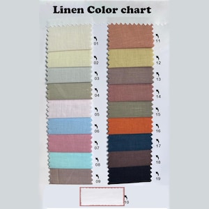 May include: A linen color chart featuring nineteen fabric swatches arranged in two columns with pinked edges. The swatches display a variety of colors including white, beige, gray, green, pink, blue, orange, brown, and black, each labeled with numbers 01-19.