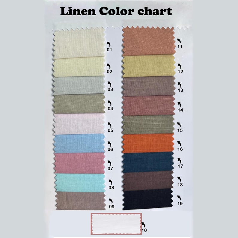May include: A linen color chart featuring nineteen fabric swatches arranged in two columns with pinked edges. The swatches display a variety of colors including white, beige, gray, green, pink, blue, orange, brown, and black, each labeled with numbers 01-19.
