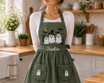 Embroidered Linen Halloween Apron, Ghosts, Bats, Witch Hat, Pockets, Fall Gift