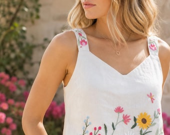 Linen Floral Embroidered Crop Top, Custom Botanical Cami Blouse, Summer Linen Clothing