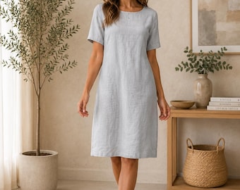 100% Linen Midi Dress, Relaxed Fit, Pockets, Summer Casual Style