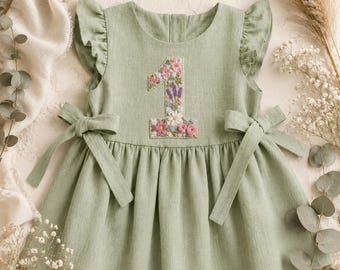 Hand-Embroidered Linen Dress, Floral Number Applique, Personalized Toddler Outfit