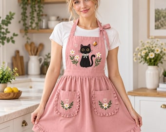 Delantal de lino bordado, estampado floral de gato negro, estilo cottagecore, ideal para la cocina, con bolsillos.