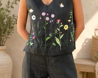 Hand Embroidered Linen Tank Top, Floral Butterfly V-Neck Blouse, Cottagecore Summer Style