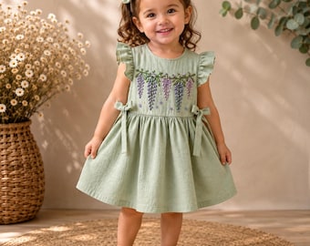 Hand Embroidered Wisteria Floral Linen Dress, Baby Girl Birthday Outfit