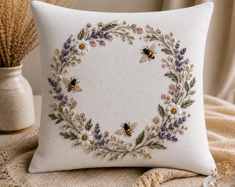 Hand Embroidered Floral Bee Pillow Cover, Linen Cushion, Custom Cottagecore Decor