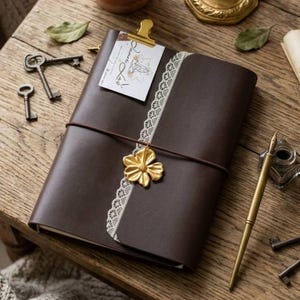 May include: A dark brown leather journal secured with a thin elastic band featuring a gold-toned flower charm and a vertical strip of white lace. A small white card with black text and a gold clip is attached to the top edge of the journal cover.