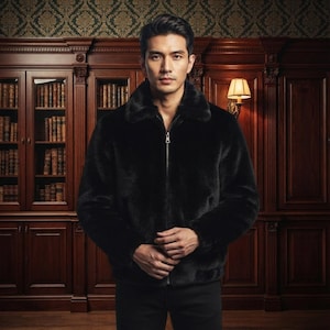 Peut inclure: Une veste en fausse fourrure noire avec un large col et une fermeture éclair centrale argentée. La veste présente des manches longues et un ourlet droit, fabriquée dans une matière dense à la texture douce offrant un aspect sombre uniforme.