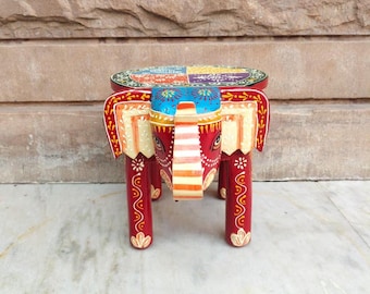 HastKala_Studio94 Holz Handbemalter Elefant Hocker, Dekorativer Holz Fußhocker, Boho Wohndekor, Elefant Beistelltisch, Einweihungsgeschenk