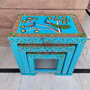 Blue Nesting Stool Set of 3, Handmade Wooden Stools with Peacock Painting, Indian Hand Painted Side Tables, Boho Furniture, Plant Stand,