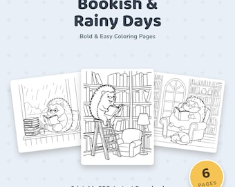 Cozy Bookish Coloring Pages, Hedgehog Reading Scenes (6 Sheets, Instant Download)