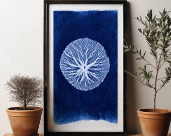 Cyanotype Sea Fan Print, Prussian Blue Botanical Wall Art (Digital Download)