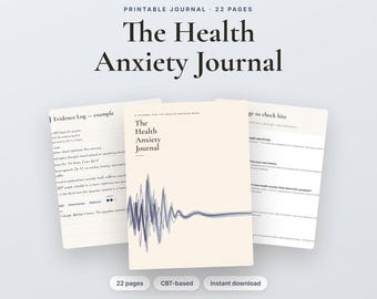 Może przedstawiać: Drukawalny 22-stronicowy dziennik zatytułowany The Health Anxiety Journal. Okładka jest kremowa z ciemnoniebieską grafiką fali dźwiękowej. Widoczne są dwie strony wewnętrzne przedstawiające dziennik dowodów oraz stronę do sprawdzania trafień.