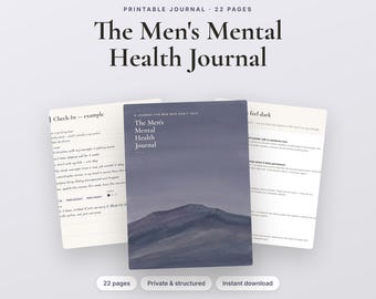 Może przedstawiać: Dziennik do druku składający się z 22 stron pod tytułem The Men's Mental Health Journal. Okładka przedstawia ilustrację ciemnoniebieskiego krajobrazu górskiego. Widoczne są dwie strony wewnętrzne z tekstem do notatek.