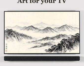 サムスン フレーム TV アート、水墨画の山岳風景、ジャパンディ 禅装飾、デジタルダウンロード 4K