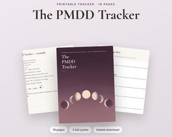 Może przedstawiać: Drukowalny 19-stronicowy system śledzenia objawów zatytułowany The PMDD Tracker. Okładka posiada ciemnofioletowe tło z gradientem oraz serię faz księżyca w półkolu. Dwie dodatkowe strony pokazują przykładowe dzienniki śledzenia i tekst.