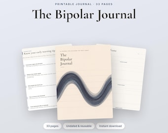 Może przedstawiać: Dziennik do druku zatytułowany The Bipolar Journal składający się z 33 stron. Okładka ma kremowe tło z ciemnoniebieską falistą grafiką. Widoczne są dwie strony wewnętrzne, jedna zatytułowana Know your early warning signs, a druga z nagłówkiem frame.