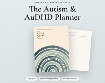 May include: A 36-page printable planner titled The Autism & AuDHD Planner. The cover features a cream background with a teal and blue watercolor arch design. An open page shows lined sections for a capacity plan on a white background.