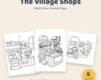 Cozy Village Coloring Pages, 6 Bold Animal Shops, Cottagecore (PDF Download)