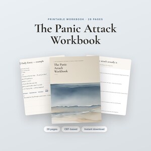 Puede incluir: Un cuaderno de ejercicios imprimible de 28 páginas titulado The Panic Attack Workbook. La portada muestra una escena oceánica en acuarela en tonos azul, gris y beige. Se ven dos páginas interiores con texto y líneas para notas.