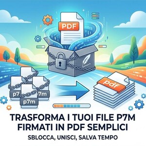 Puede incluir: Una ilustración digital que muestra una caja asegurada con una cadena y un candado, de la cual emerge un documento PDF. A la izquierda hay archivos P7M y a la derecha una pila de archivos PDF. El texto dice: TRASFORMA I TUOI FILE P7M FIRMATI IN PDF SEMPLICI.