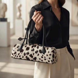Black White Cowhide Handbag, Hair On Hide Purse, Cow Print Top Handle Bag, Structured Leather Tote, Western Style Purse
