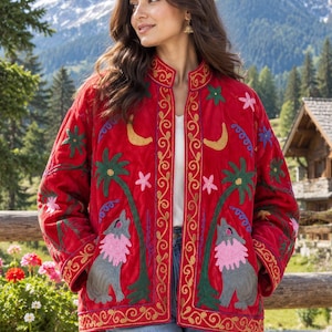 Handmade Red Velvet Wolf Embroidered Coat, Celestial Moon & Palm Tree Velvet Duster Boho Festival Kimono Jacket  Gift for Wife