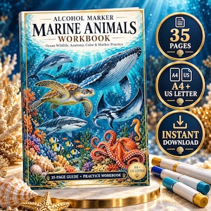 Peut inclure: Un cahier d'exercices sur les animaux marins pour marqueurs à alcool avec des illustrations de baleine, dauphin, tortue, requin, raie et pieuvre. La couverture affiche 35 Pages, A4 + US Letter et Instant Download avec trois badges dorés.