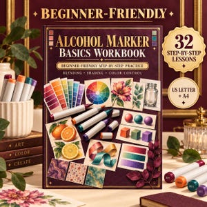 Peut inclure: Un cahier d'exercices Alcohol Marker Basics Workbook violet foncé avec 32 leçons étape par étape. La couverture présente des illustrations de roues chromatiques, fruits, sphères, cubes et rubans. Texte : Beginner-Friendly, Blending, Shading, Color Control, US Letter + A4.