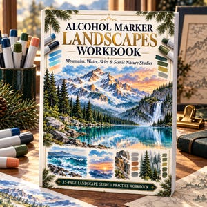 Alcohol Marker Landscapes Workbook, Printable Nature Art Guide, Mountains Water Skies Practice Pages, A4 US Letter