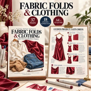 May include: An alcohol marker workbook titled Fabric Folds & Clothing featuring 37 pages, 18 lessons, and 18 practices in A4 and US Letter sizes. The cover displays a white shirt, blue jeans, and a tan sweater with red fabric.