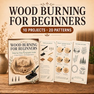 Może przedstawiać: Przewodnik do wypalania w drewnie krok po kroku zatytułowany Wood Burning for Beginners z 10 projektami i 20 wzorami. Zestaw zawiera karty instruktażowe dotyczące narzędzi, bezpieczeństwa, projektu podstawki oraz arkusz wzorów do druku.