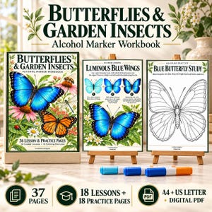 May include: A Butterflies & Garden Insects alcohol marker workbook featuring 36 lesson and practice pages. The set includes guided lessons like Luminous Blue Wings and coloring practice pages like Blue Butterfly Study, with markers displayed in front.