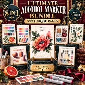 May include: An 8-in-1 alcohol marker bundle featuring 222 unique pages for art practice. The collection includes instructional booklets on color palettes, blending, light, shadow, textures, and botanical studies, displayed with markers and a grapefruit.