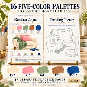 May include: A digital guide titled 16 Five-Color Palettes for Ohuhu Honolulu 120 featuring a Reading Corner theme. The guide includes a colored illustration of an armchair with a pink cushion and green throw, a line art practice page, and five color swatches labeled E22, R16, G43, E511, and BV315.