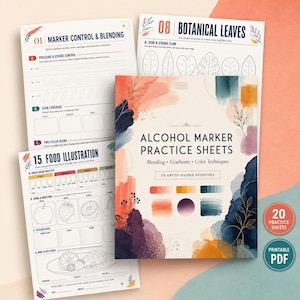 Peut inclure: Un ensemble de feuilles d'entraînement pour marqueurs à alcool comprenant une page de couverture intitulée Alcohol Marker Practice Sheets avec des formes abstraites style aquarelle orange, bleu et violet, ainsi que des pages d'exercices de contrôle, mélange et illustration.